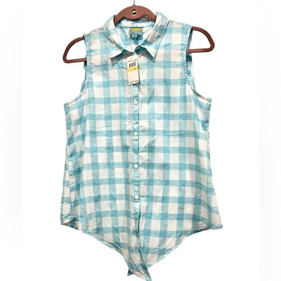 NWT C&C California sleeveless front tied plaid Maui blue shirt size M - Picture 1 of 9
